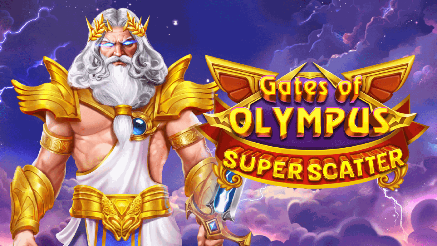 Gates of Olympus Super Scatter: Zeus in goldener Rüstung mit blauem Umhang schwebt über Olymp-Wolken, daneben das 6x5-Walzenfeld mit violettem Kristalldreieck, goldener Münze und Super-Scatter-Symbol